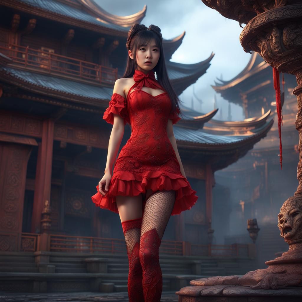 Asian Girl in Red Dress: Fantasy Concept Art