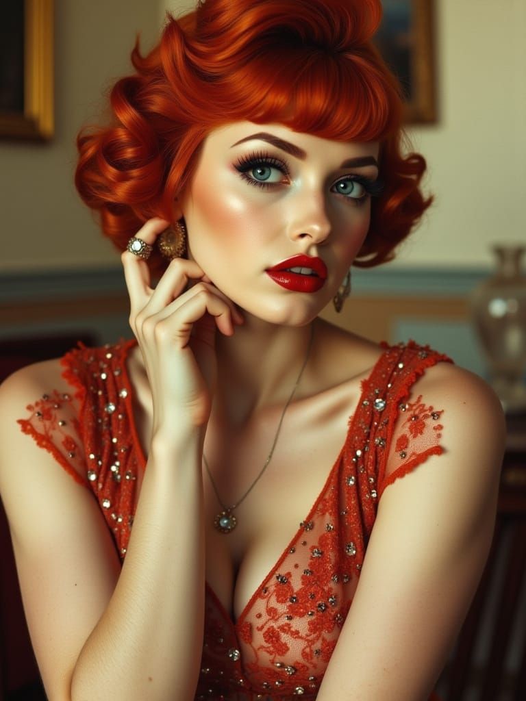 1950s Pin-Up Girl with Red Hair in Retro Style
