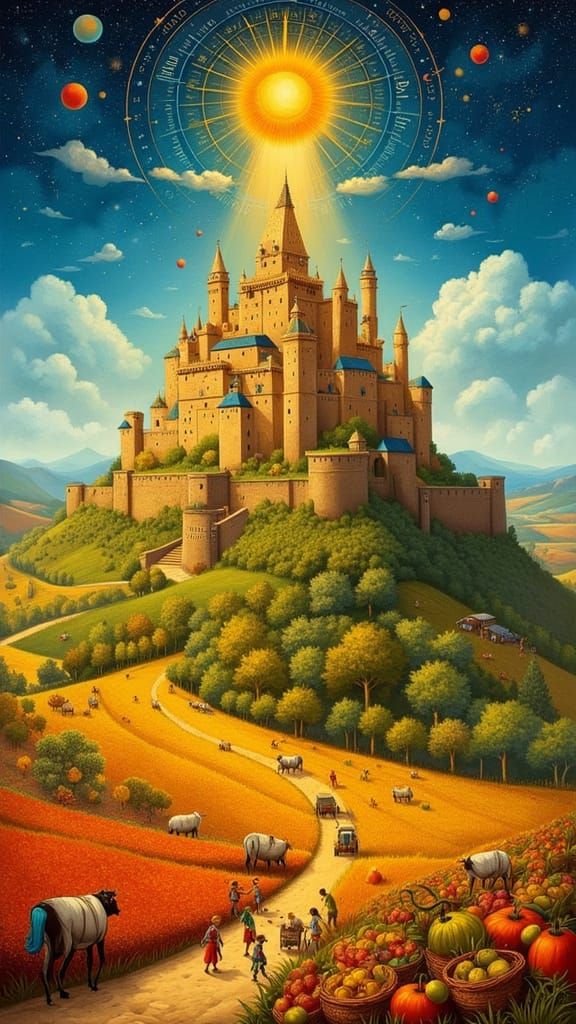 Medieval Castle Harvest Scene with Celestial Harmony