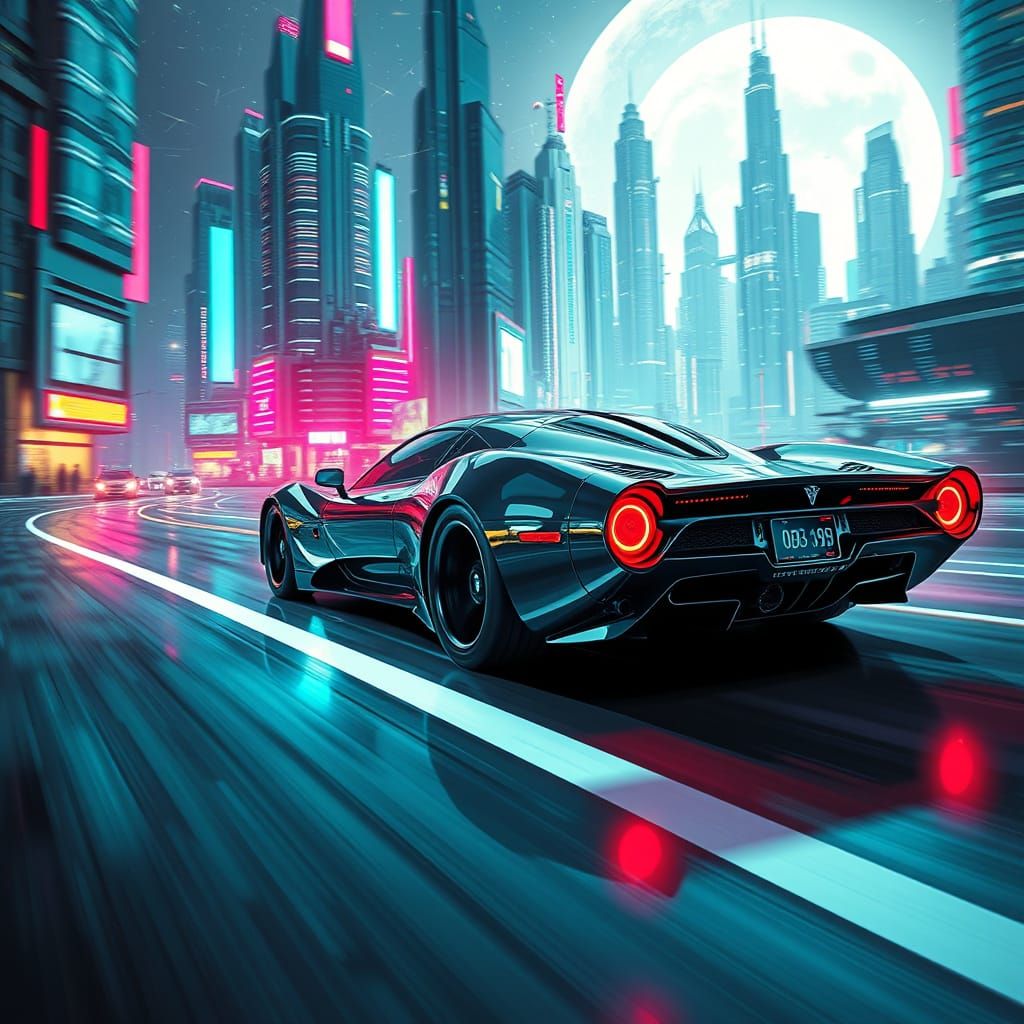Sleek Alien Car Speeding Through Neon Galactic Cityscape