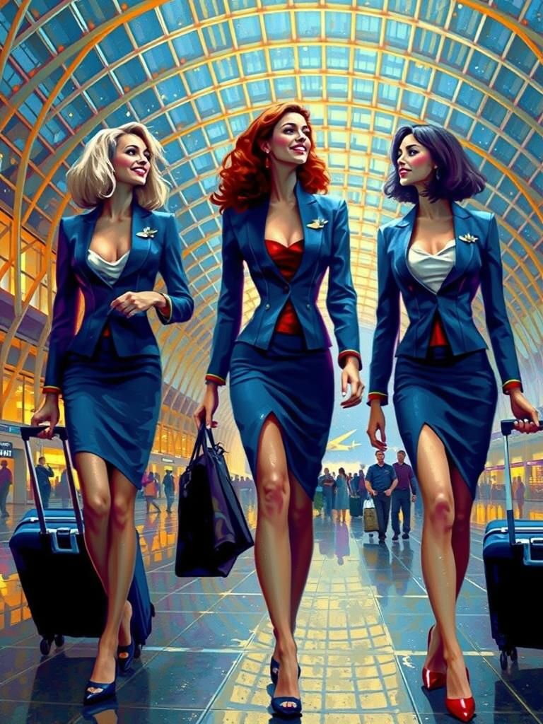 Stewardesses in Airport: Neo-Impressionist Golden Hour