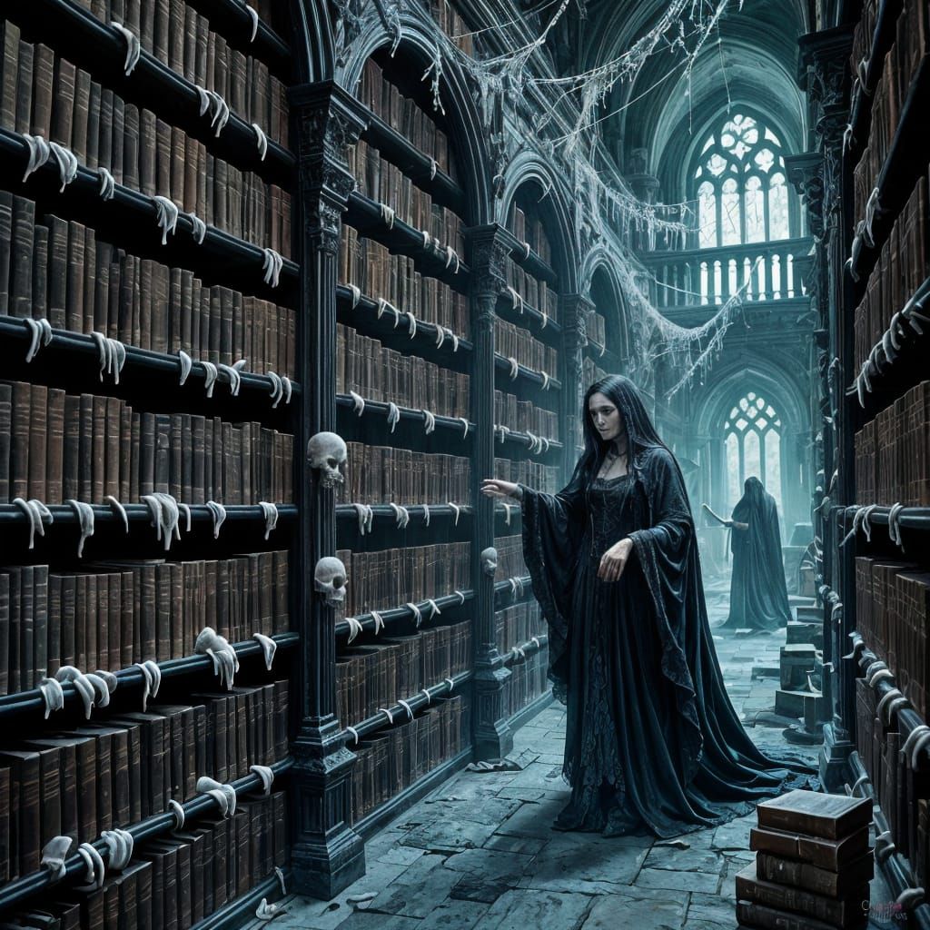 Gothic Bone Library with Ghostly Librarian