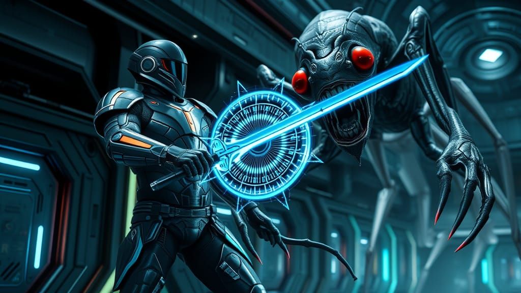 Futuristic Space Warrior Defends Against Alien Attack