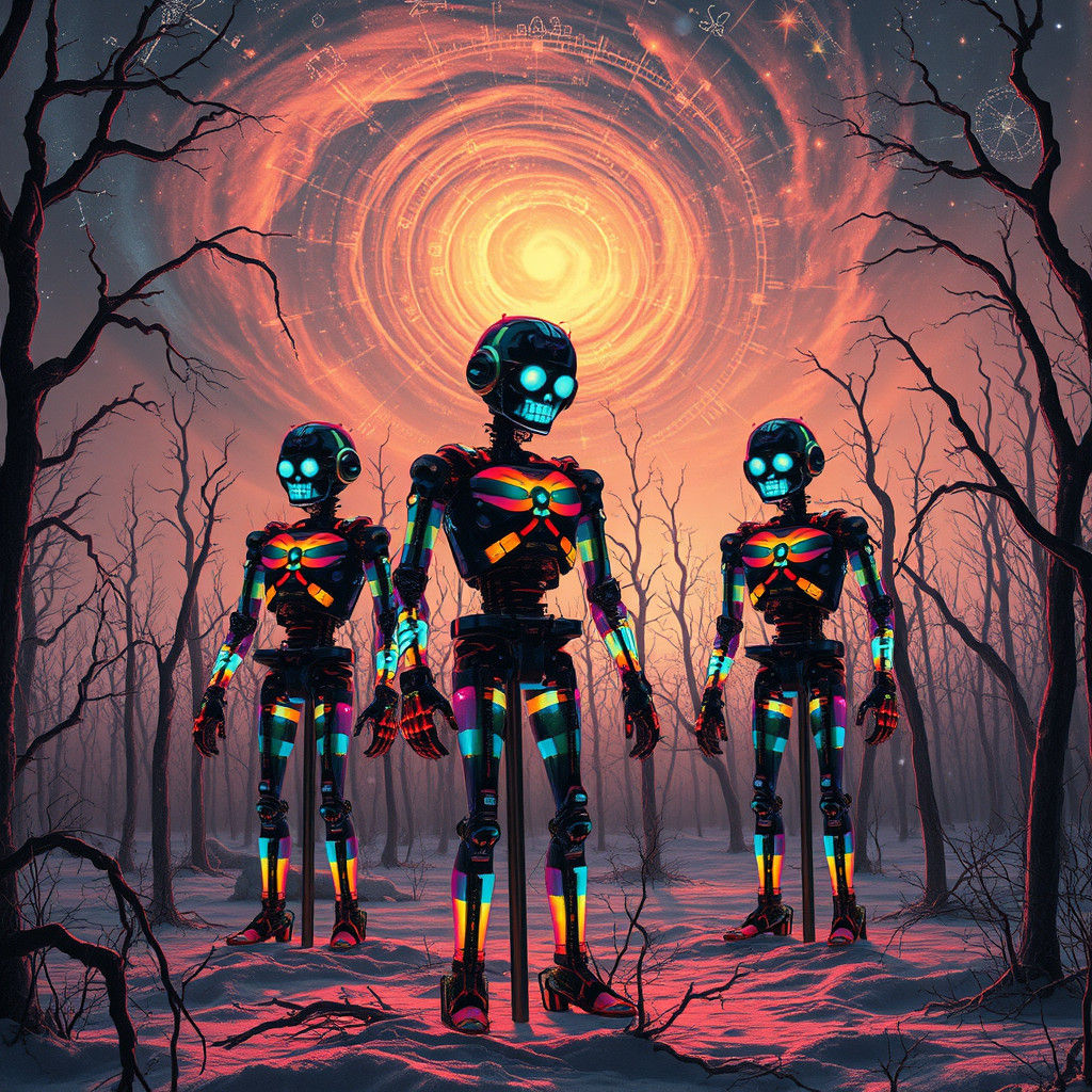 Dieselpunk Android Scarecrows in Winter Forest