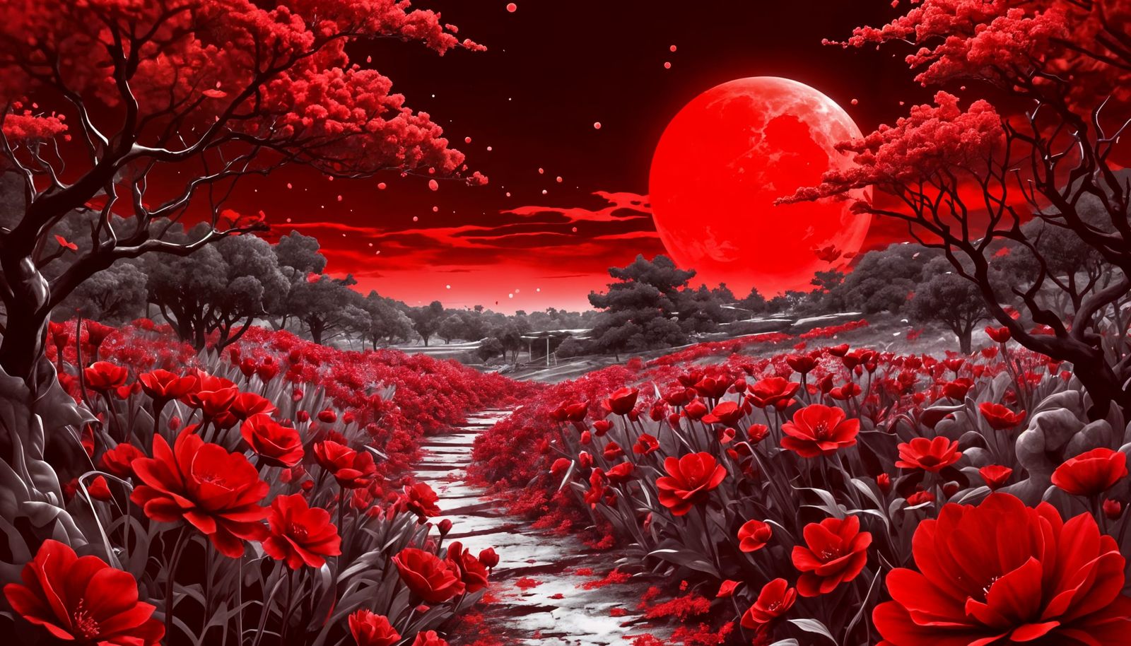 Monochromatic Red Moon Over Fantasy Garden