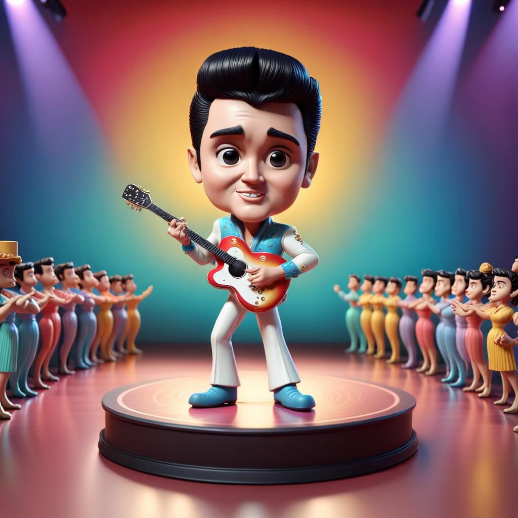 Elvis Presley Bobbleheads on Stage in Pixar Style