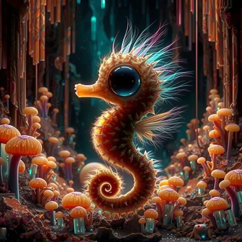 Iridescent Seahorse with Wings in Crystalline Cave