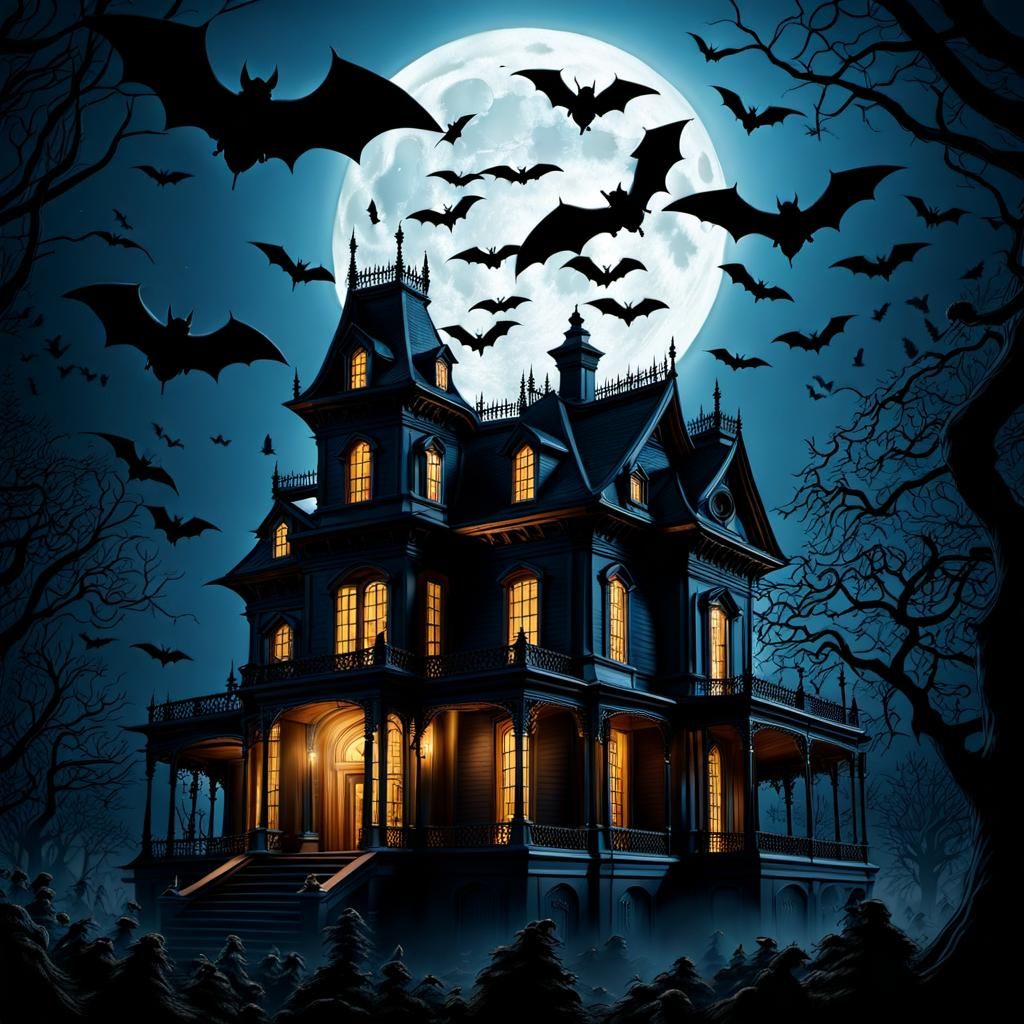 Eerie Haunted Mansion Under Moonlight with Bats
