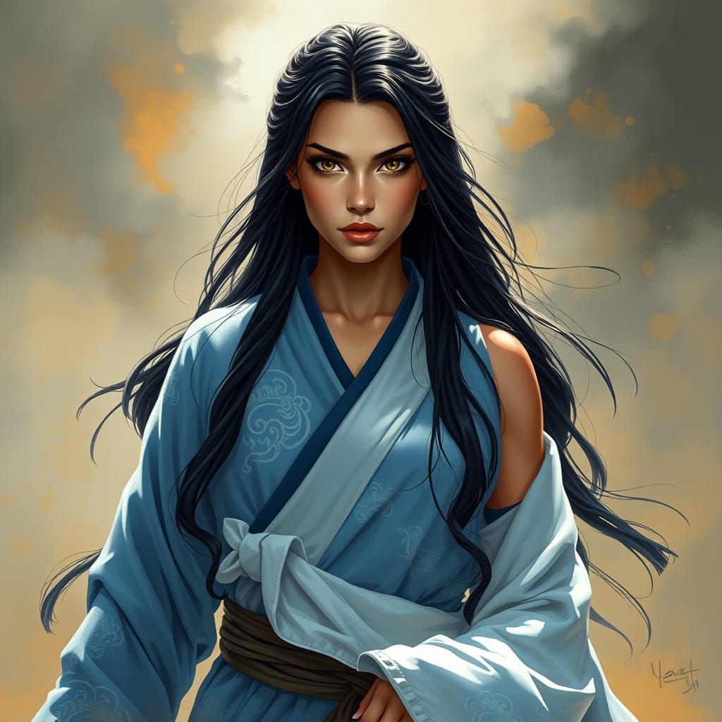 Heroic Nun Warrior in Misty Landscape, Anime-Inspired