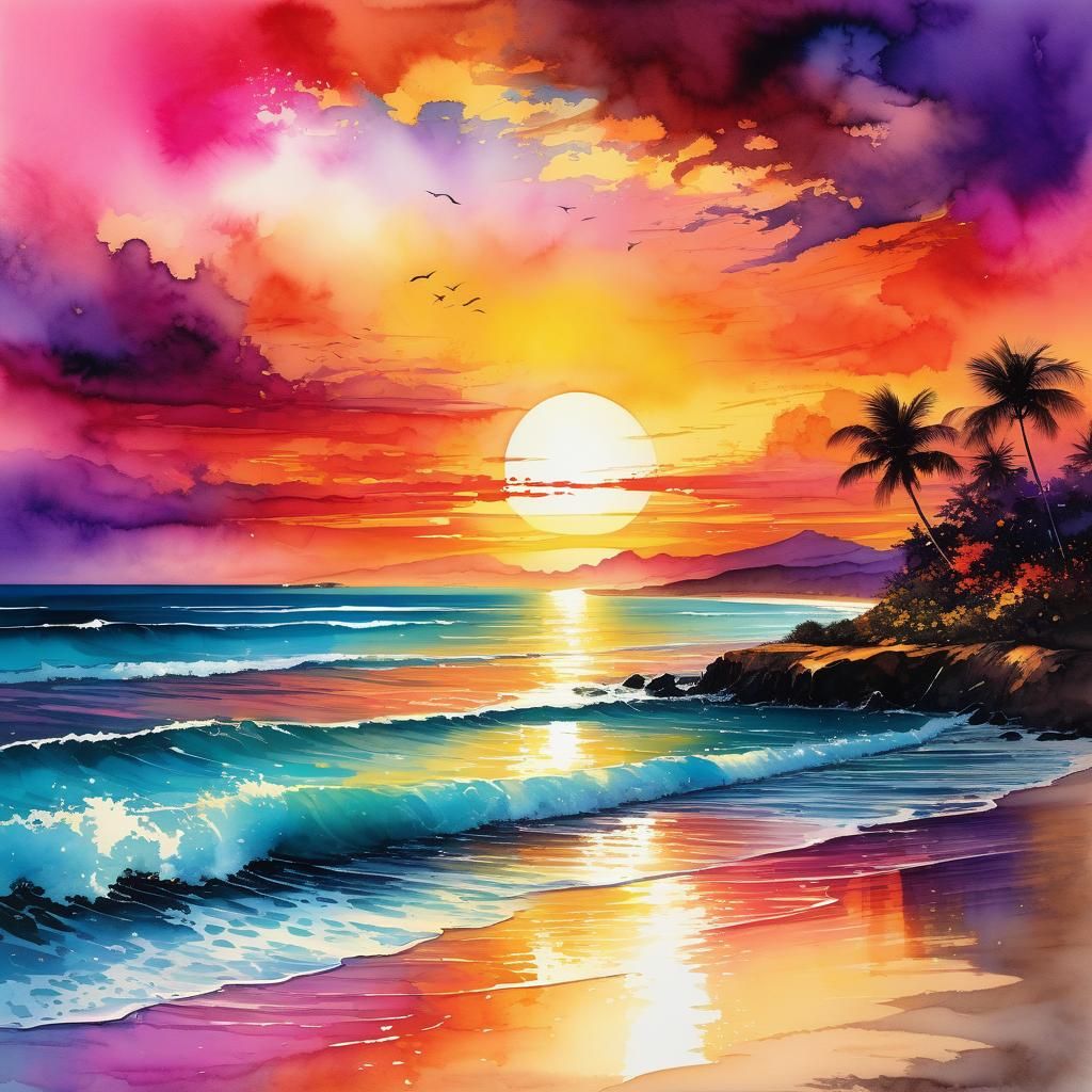 Vibrant Sunset Over a Tranquil Beach Landscape
