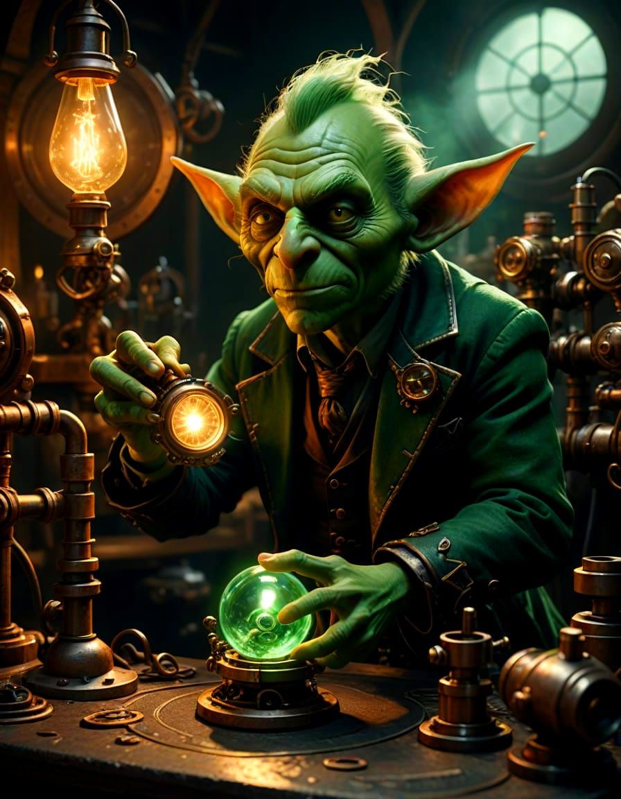 Goblin Inventor in a Steam-Punk Workshop
