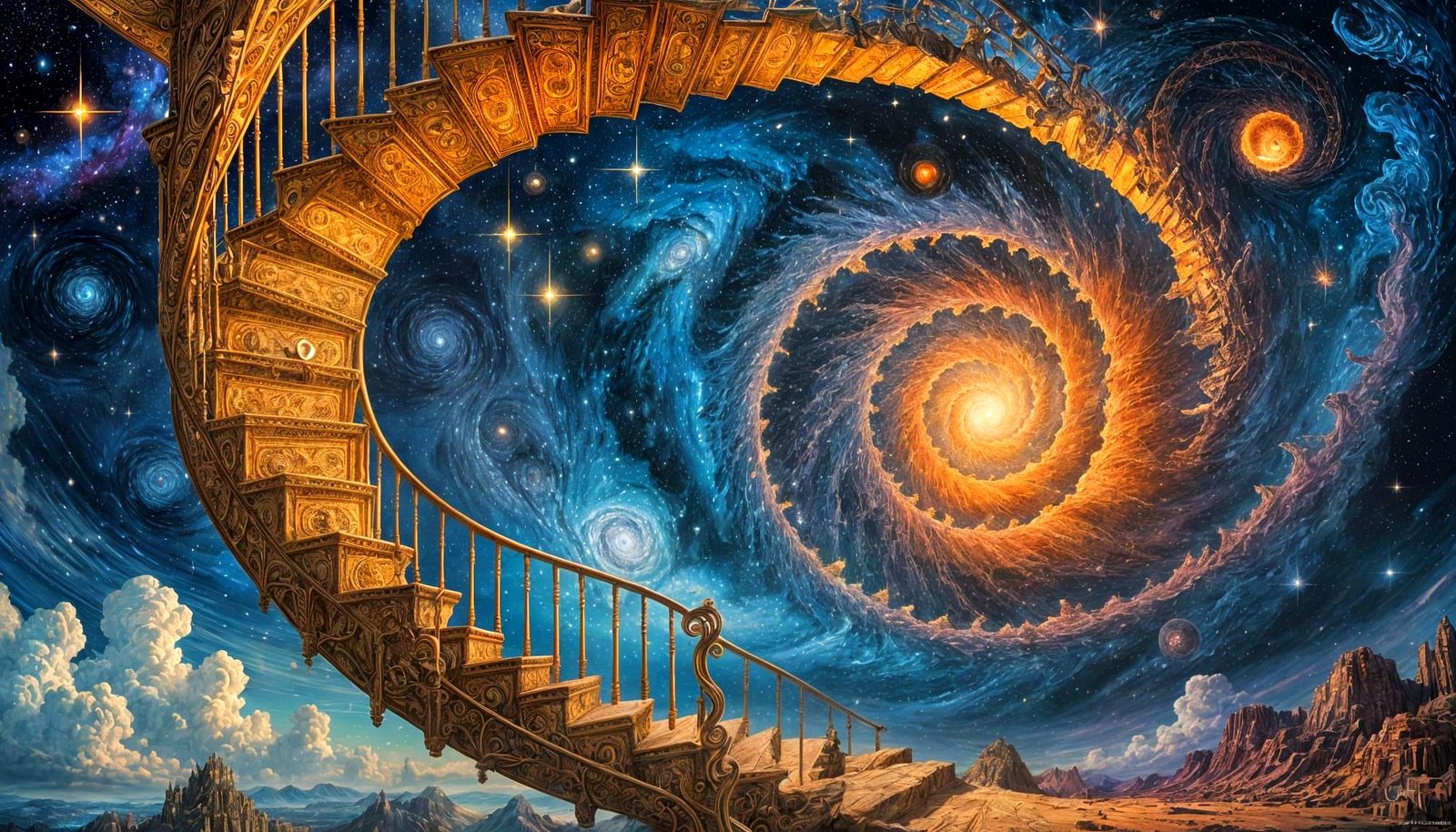 Cosmic Spiral Staircase to Galaxy Vortex in Surreal Style