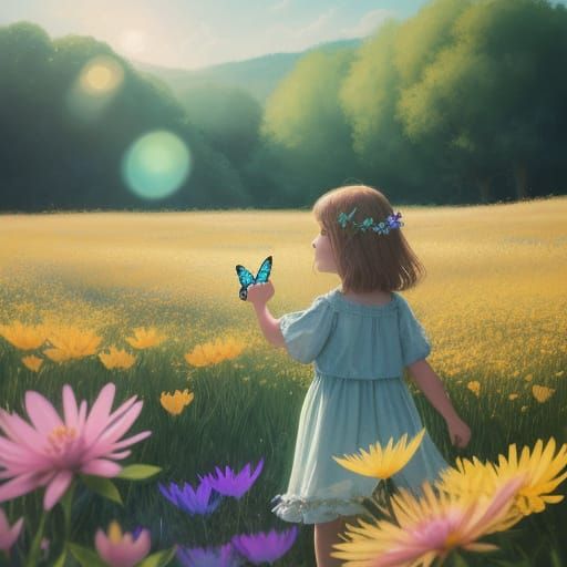 Children and Bioluminescent Butterflies in Sunlit Meadow