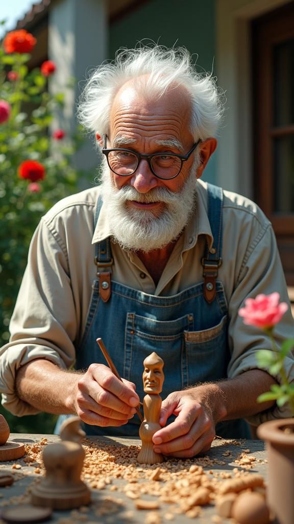 Serene Woodcarver in a Vibrant Garden
