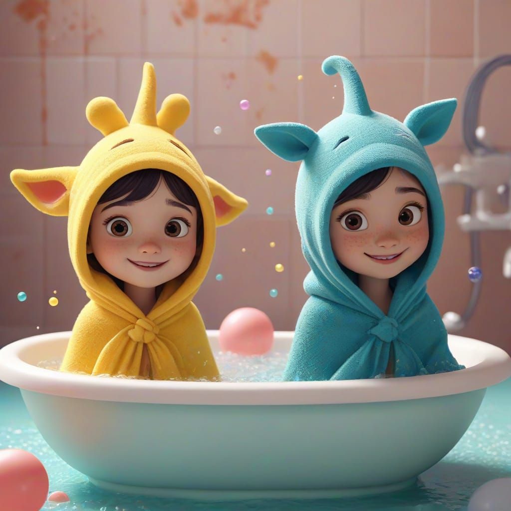 Whimsical Cartoon Children in Surreal Bathroom