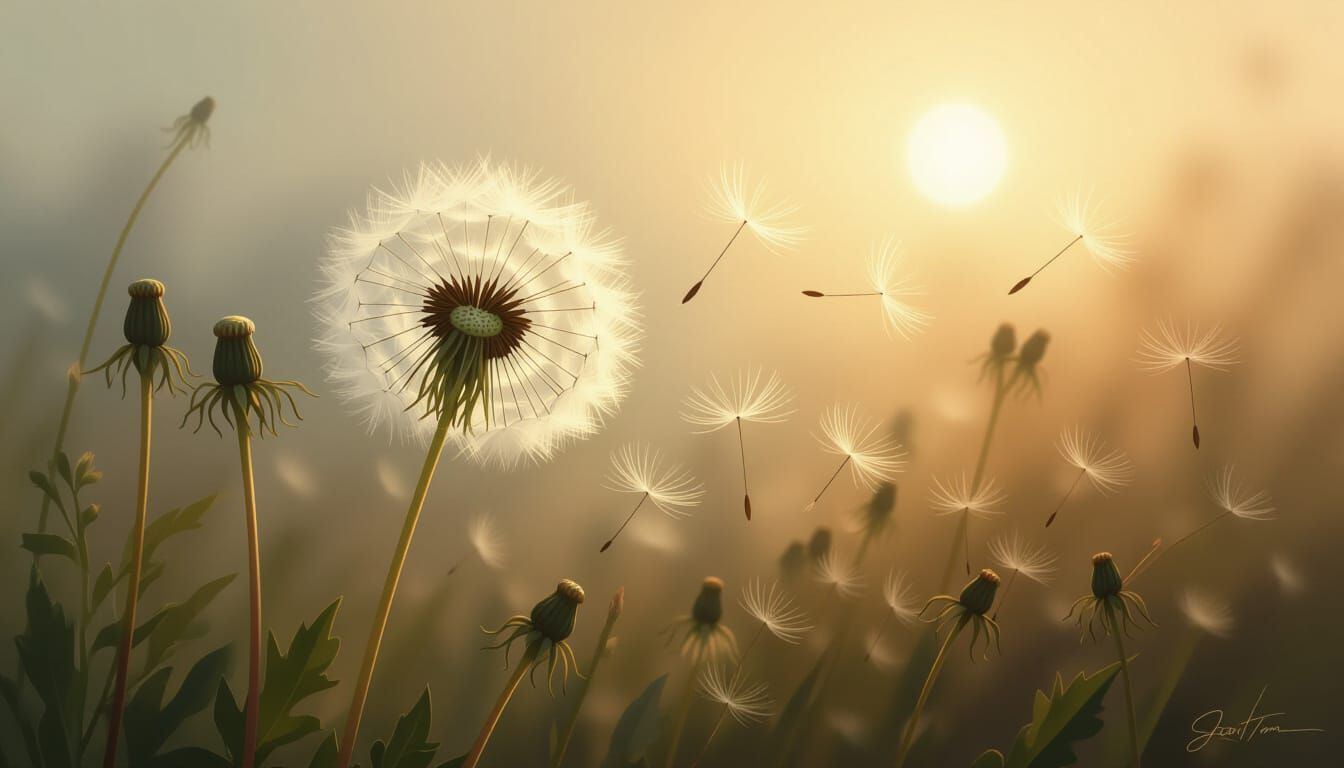Dandelion Seed Drifts Through Dreamlike Landscape in Impress...