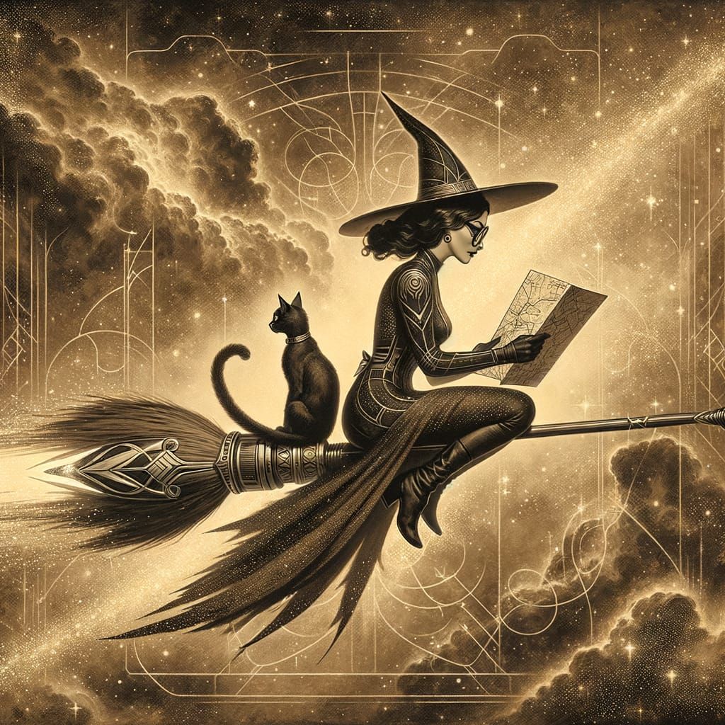 Hispanic Witch Flies Electric Broom Through Sepia Galaxy