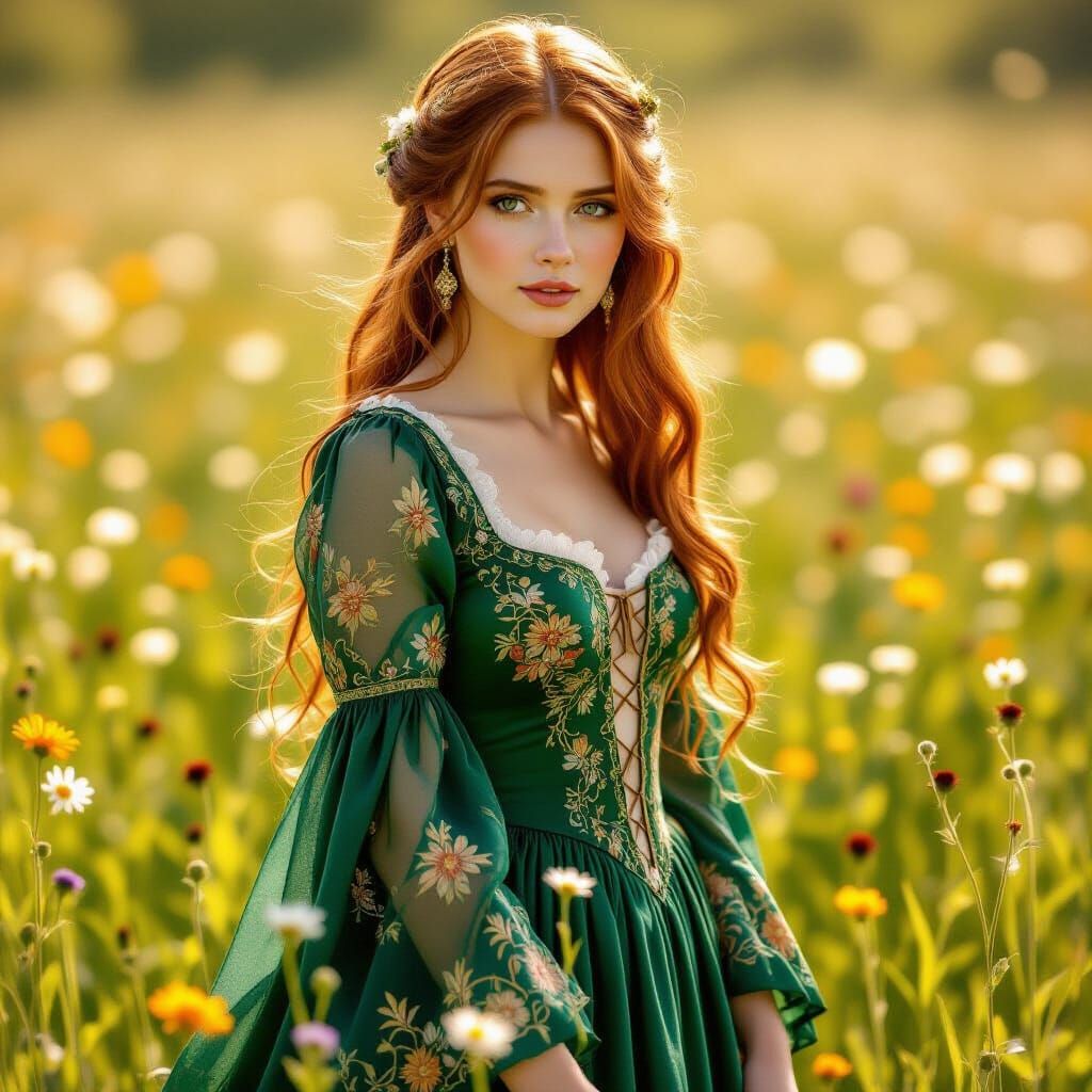 Woman in Emerald Gown in Pre-Raphaelite Style