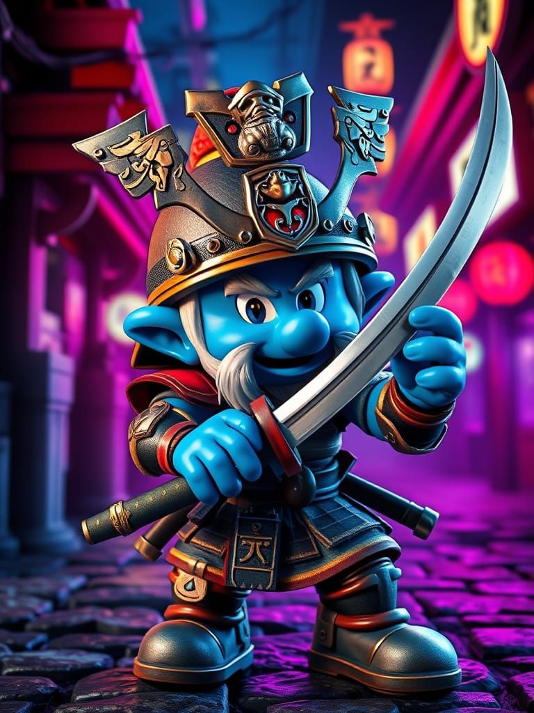 Smurf Samurai Warrior in Cyberpunk Japan