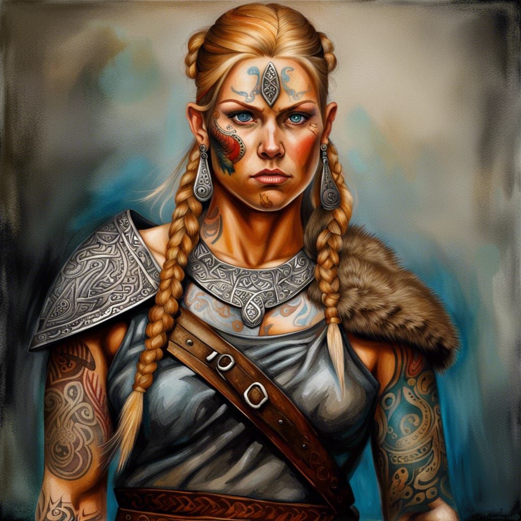 Viking Woman Portrait with Heterochromia, Oil Painting Style
