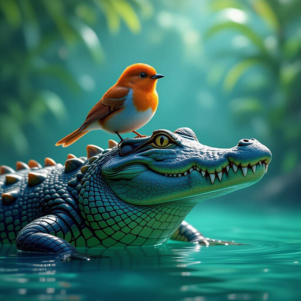Tiny Orange Bird on Giant Crocodile, 8K Concept Art