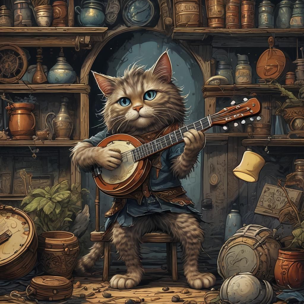 Long-Haired Cat Serenades with Banjo in Whimsical Comic Art