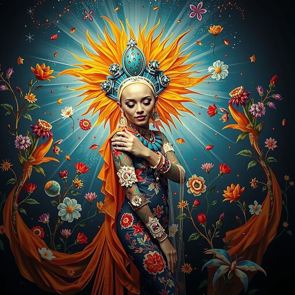 Psychedelic Garden with Cosmic Mystery and Bold Colors