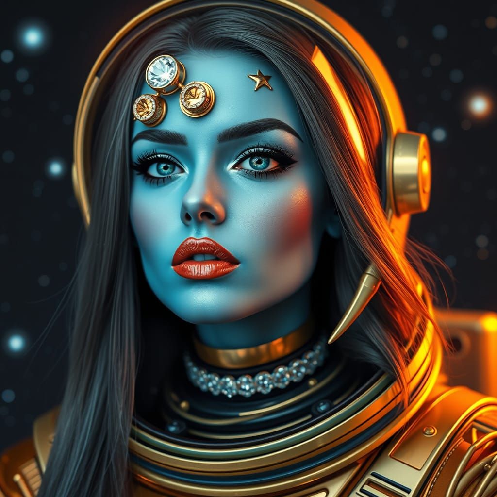 Futuristic Alien Astronaut with Rainbow Lip Color and Glitte...