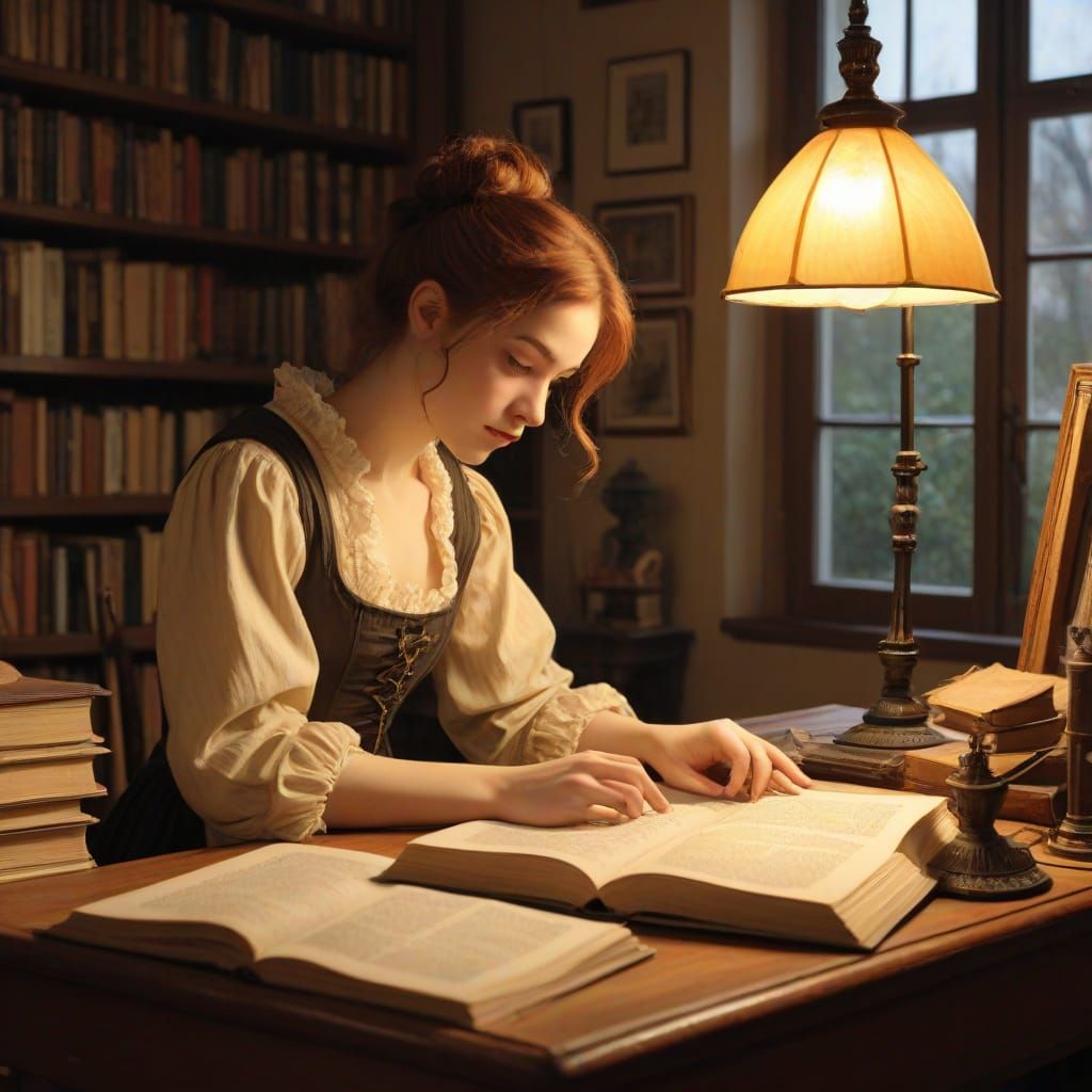 Whimsical Library Geek at Computer with Tiffany Lamp Glow