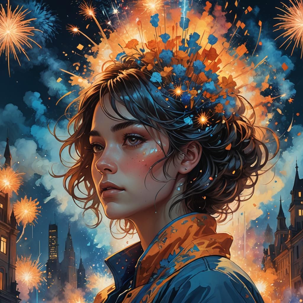 Fireworks Portrait in Surrealist Style