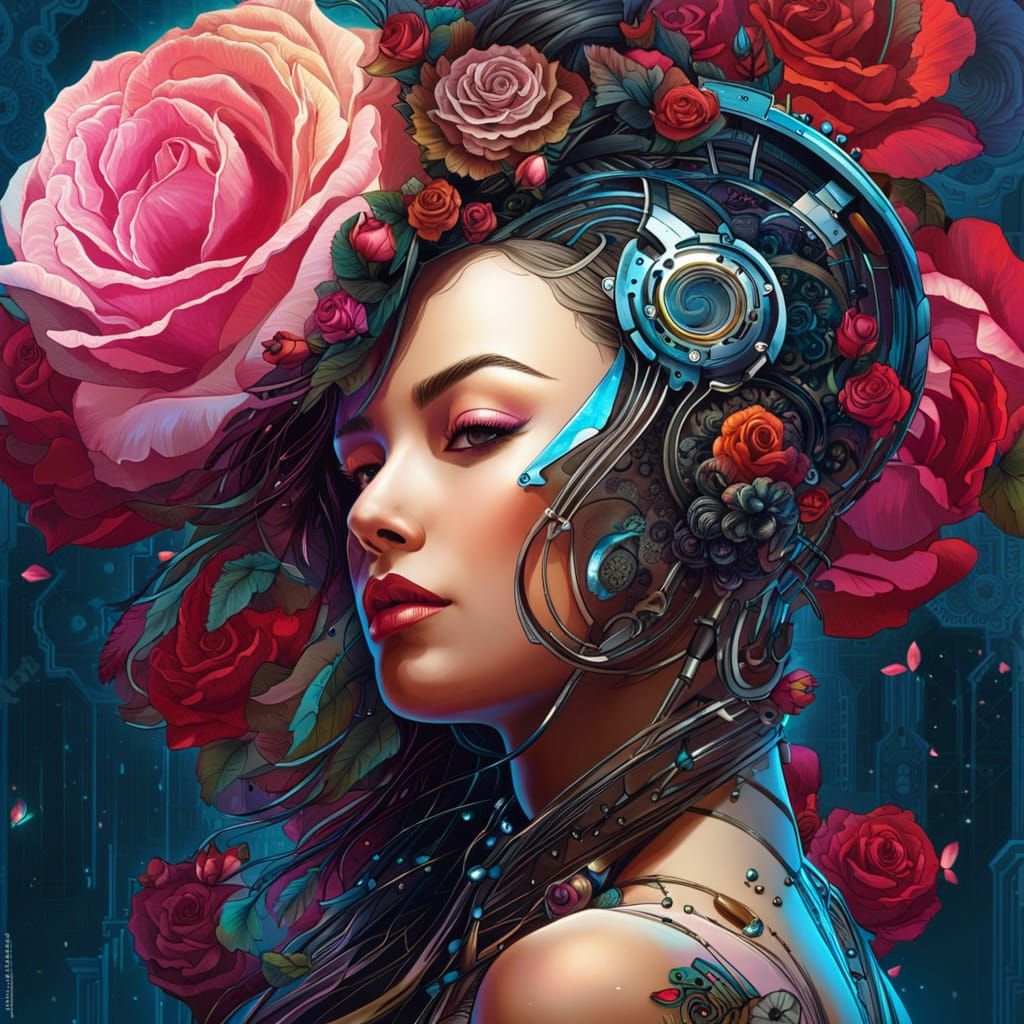 Floral Cyberpunk Woman Profile: Digital Illustration