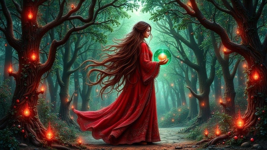 Mystical Sorceress in Crimson Robes Amidst Vibrant Forest