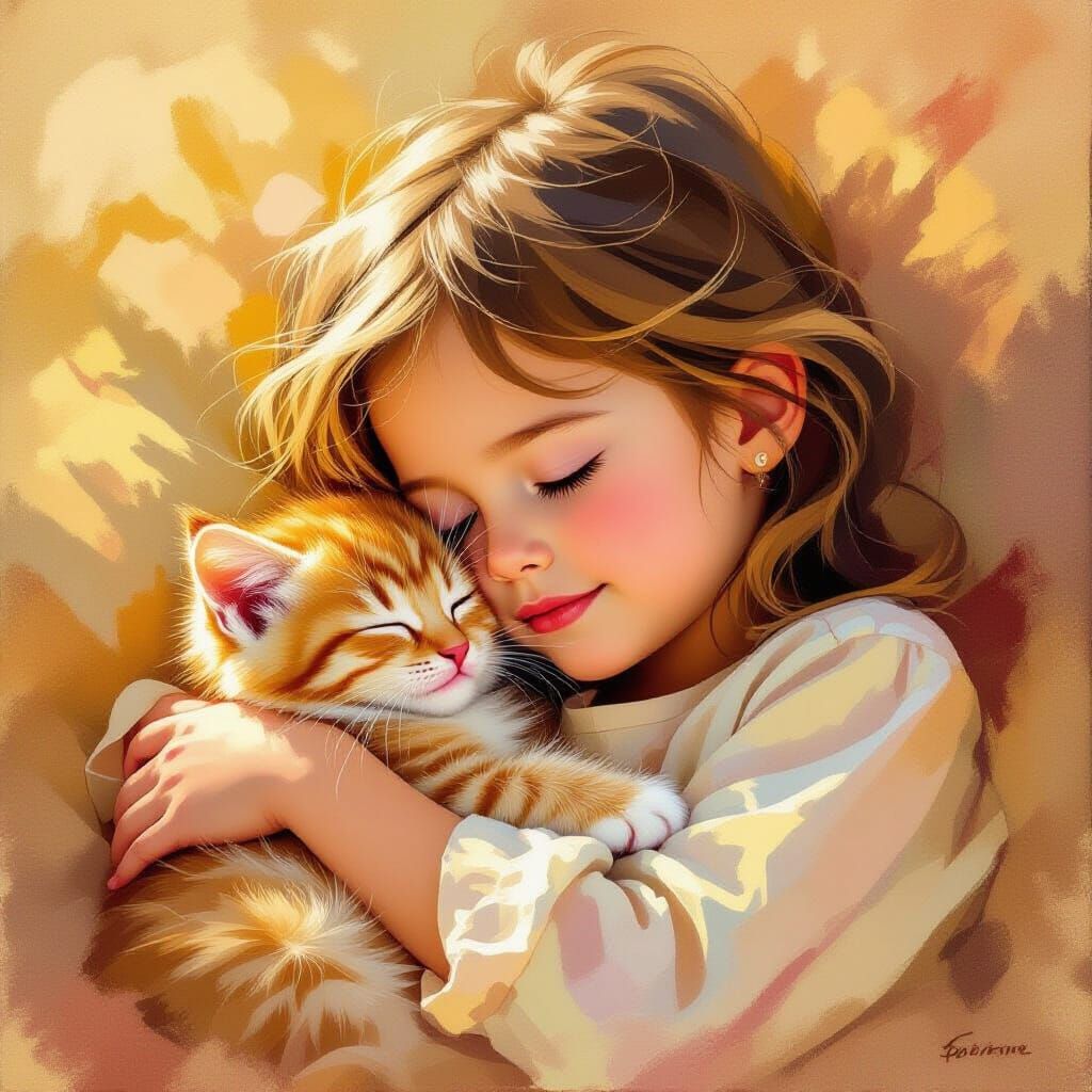 Girl Cradling Kitten in Impressionist Style
