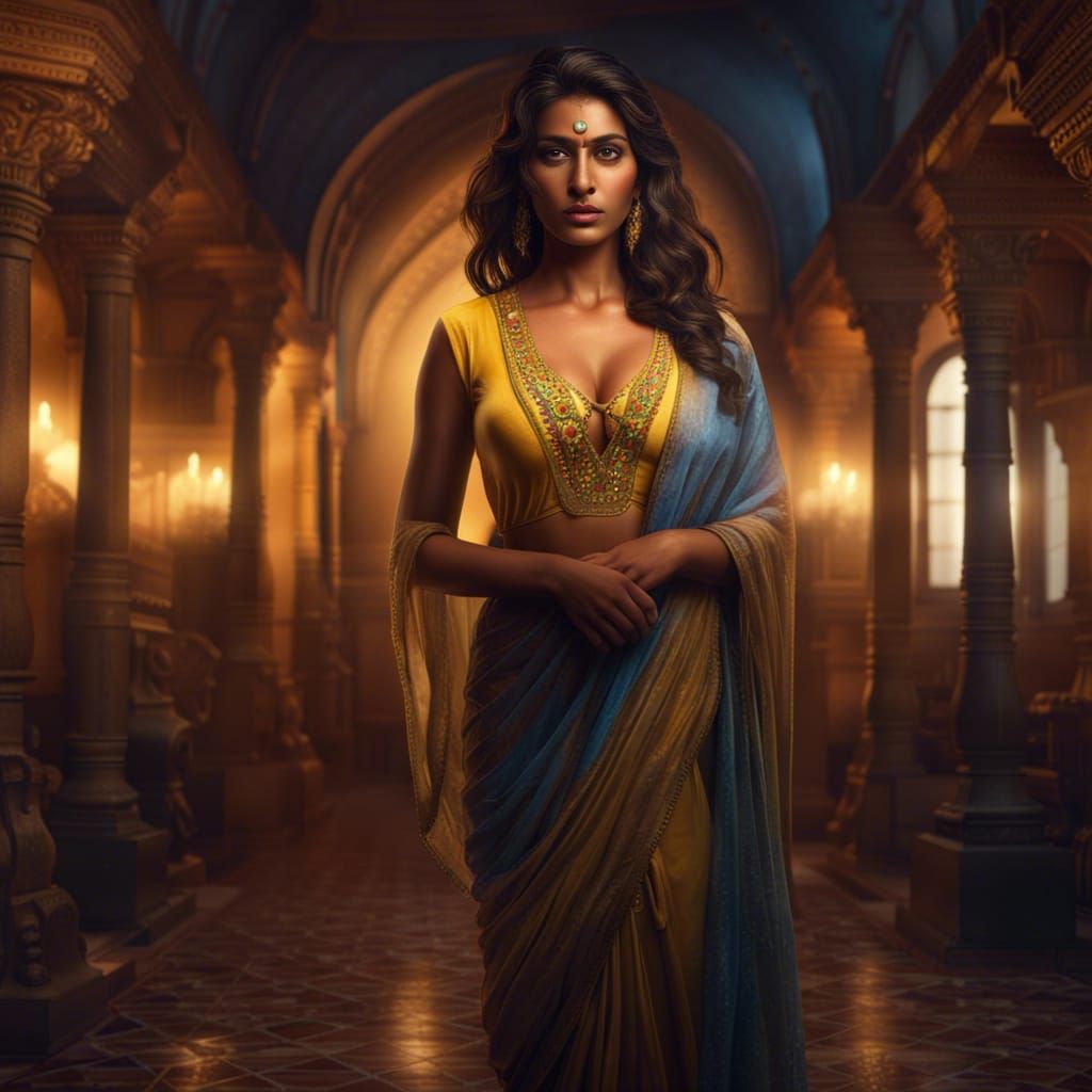 Beautiful Indian Woman in Temple: Realistic Photo