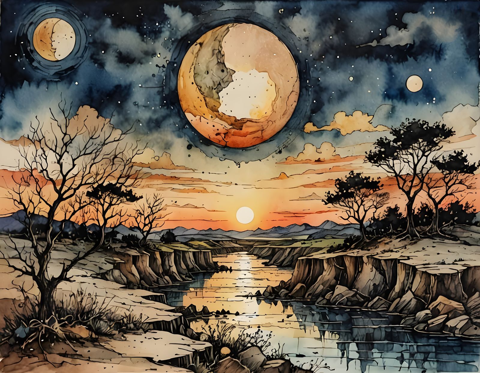 Surreal Moonrise Landscape in Pen, Ink and Watercolor