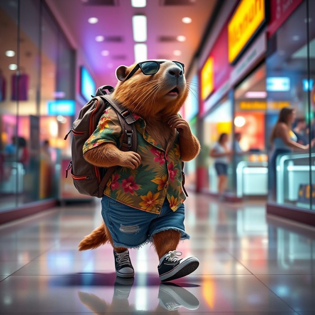 Capybara Adventurer Enters Vibrant Shopping Mall