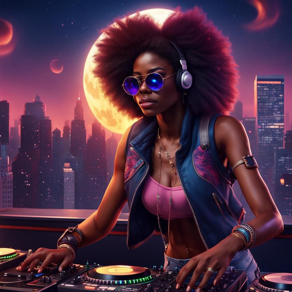 DJ with Afro at Rooftop Bar in Fantasy Art Style