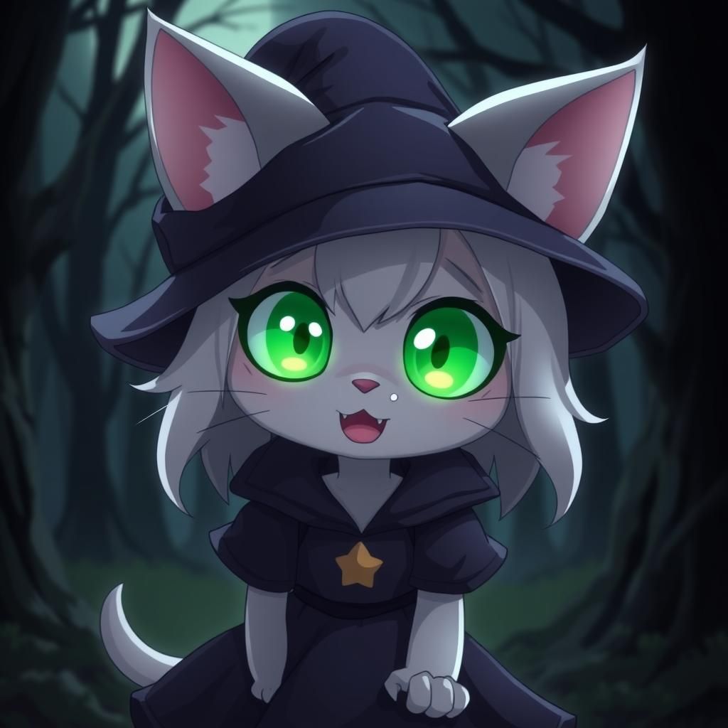 Spooky Cute Anime Catgirl Witch in Haunted Forest