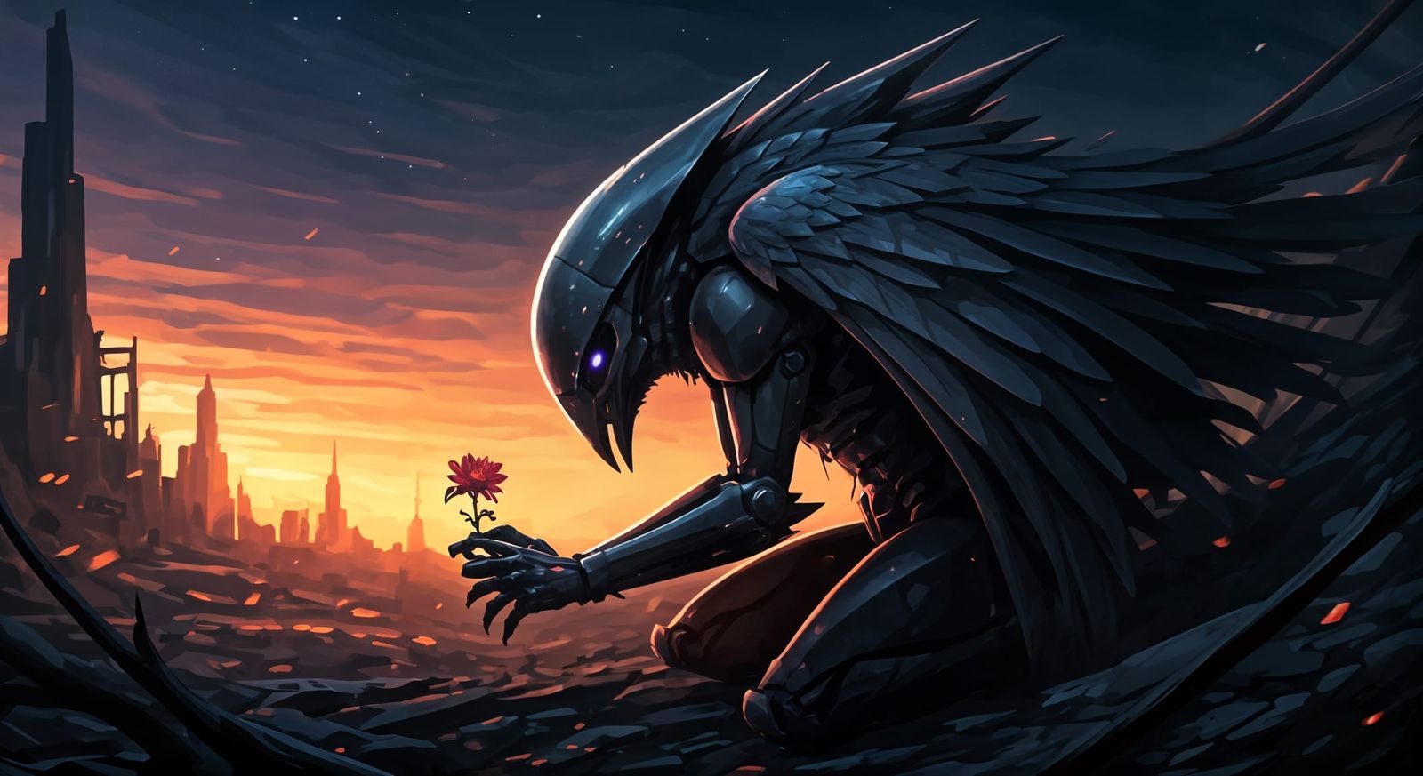 Futuristic Murder Drone Holding Wilted Flower in Wasteland