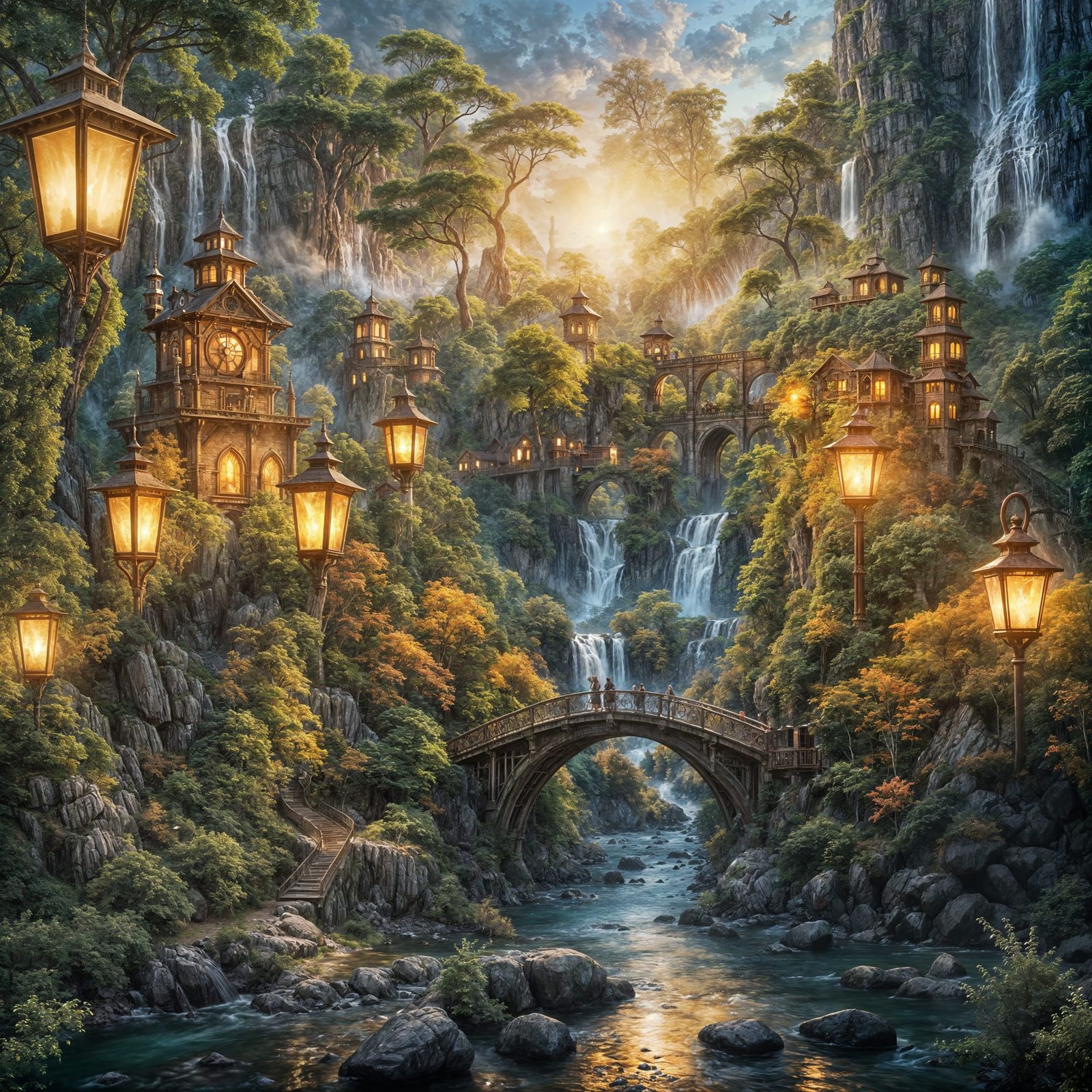 Fantasy Landscape with Train and Biplanes