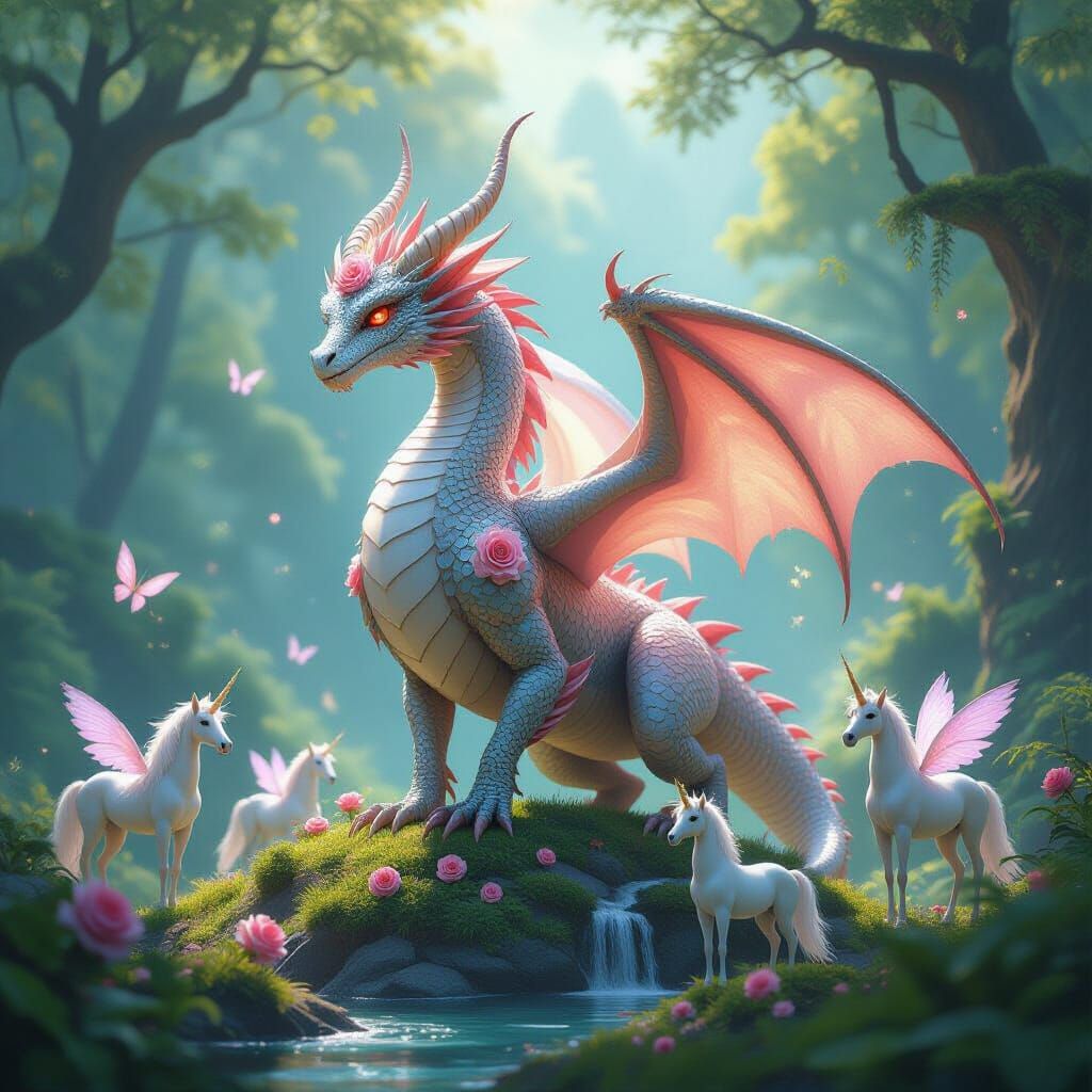 Majestic Rose Dragon in Magical Forest