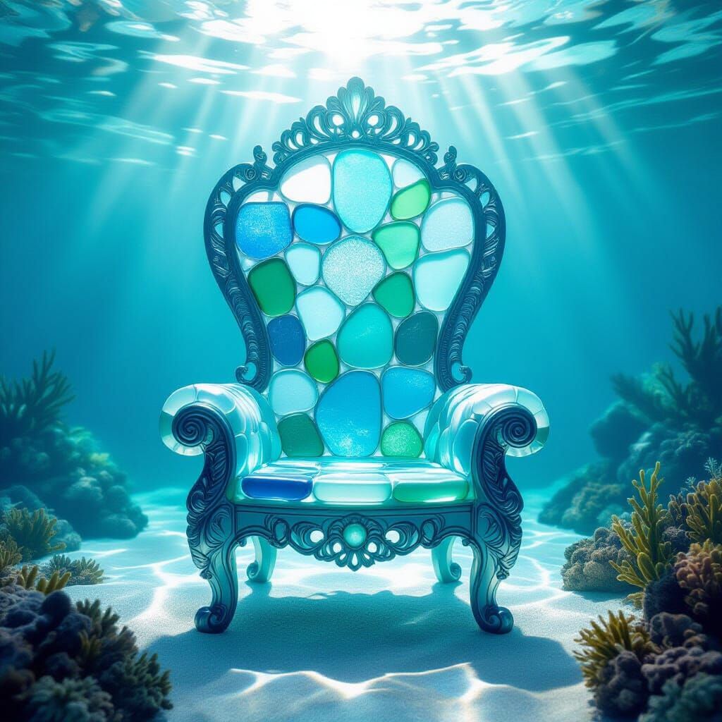 Ornate Sea Glass Throne Underwater, Realistic Fantasy Art