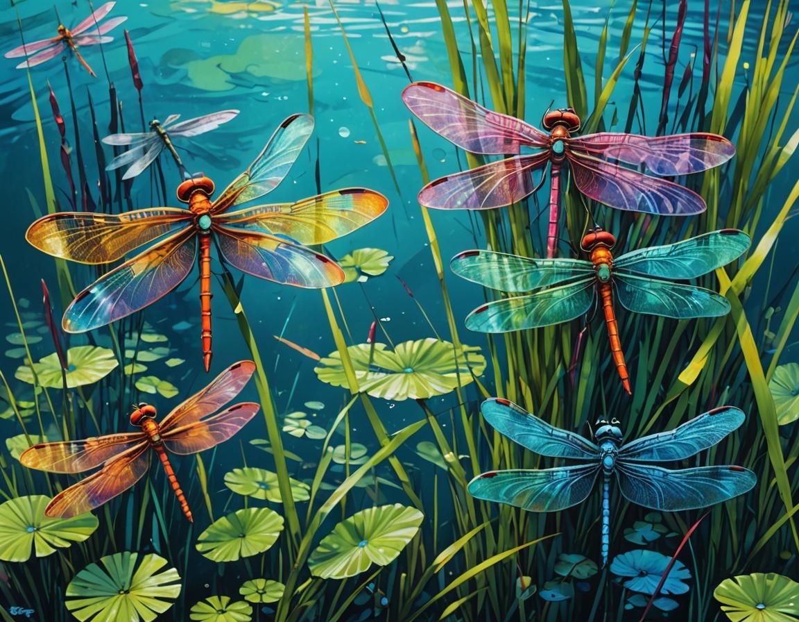 Iridescent Dragonflies in Graffiti Splash Art Style