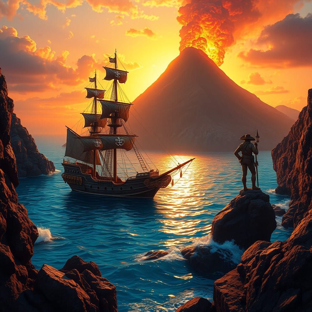 Majestic Pirate Ship Anchors in Volcanic Cove at Sunset