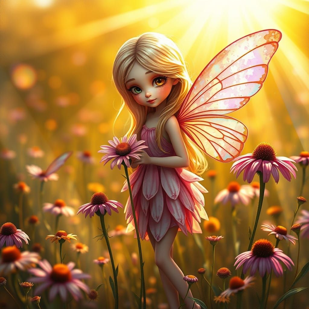 Surreal Echinacea Fairy in Golden Field with Whimsical Wings
