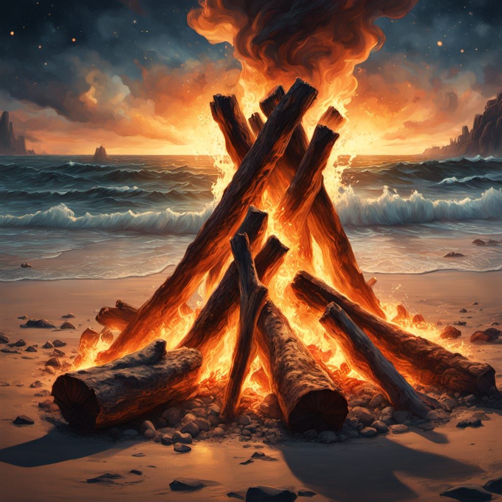 Bonfire on Beach in Gouache Impressionist Style