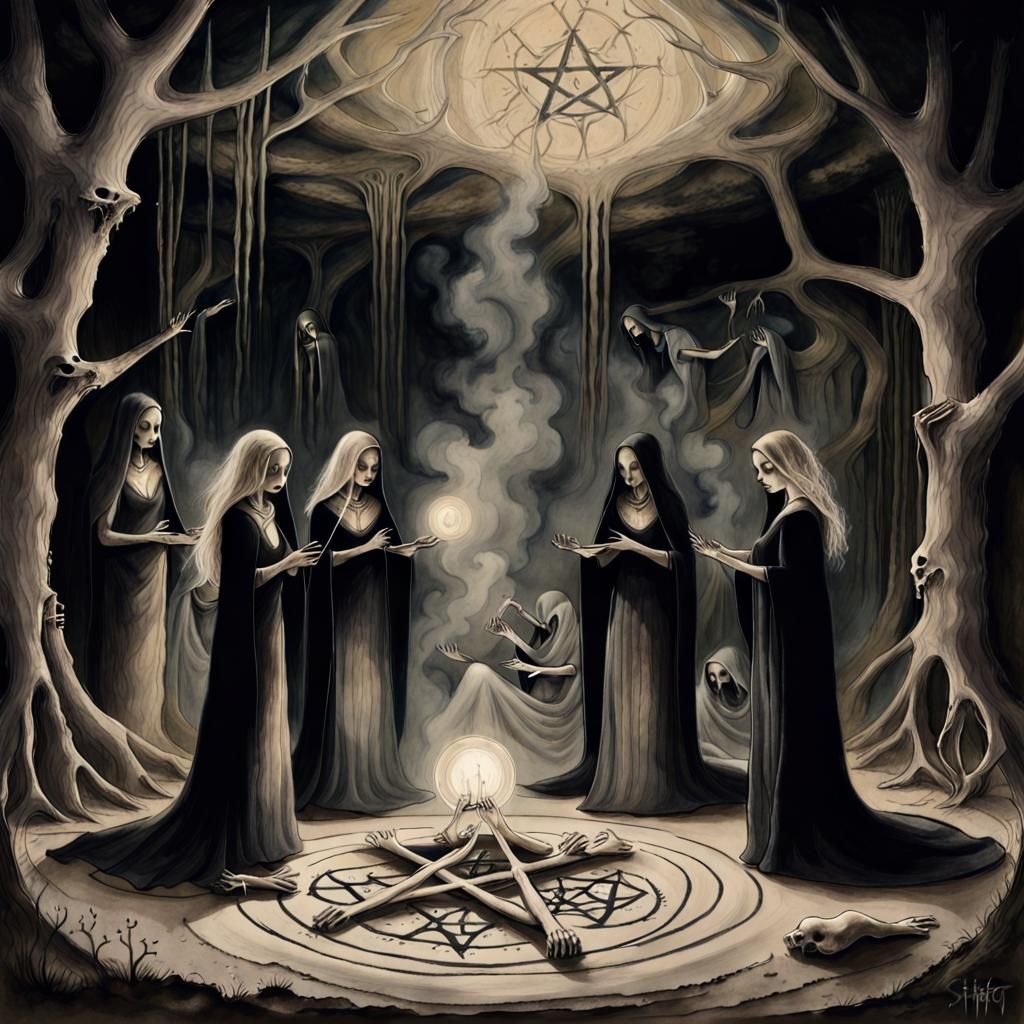 Dark Fantasy Ritual in a Cavern, Charcoal Sketch