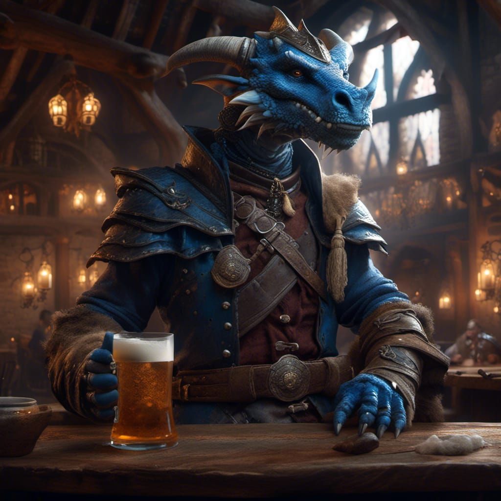 Blue Dragonborn Sorcerer Enjoying Ale in Tavern