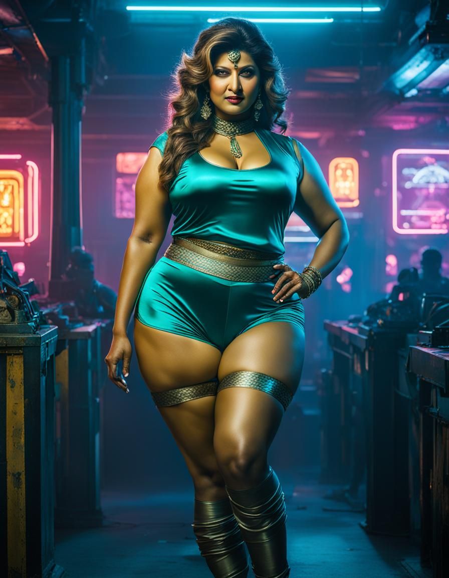Fantasy Indian Rambha in Cyberpunk Neon Style