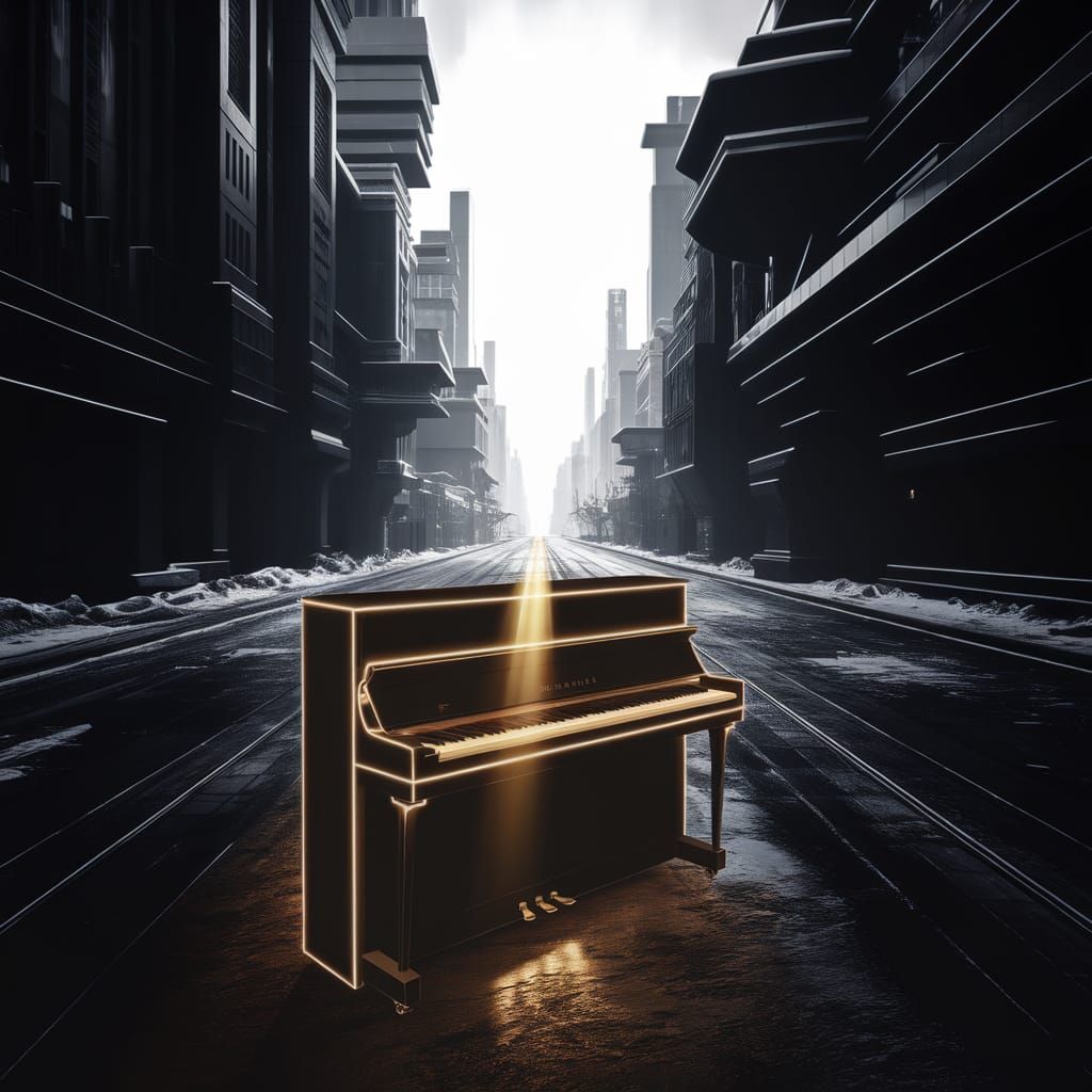 Glowing Piano in Snowy Futuristic Street
